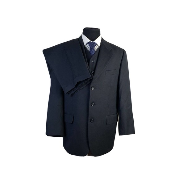 Bachrach Black 3 Button 3 Piece Wool Suit Mens 42R 32x29 - Picture 1 of 7